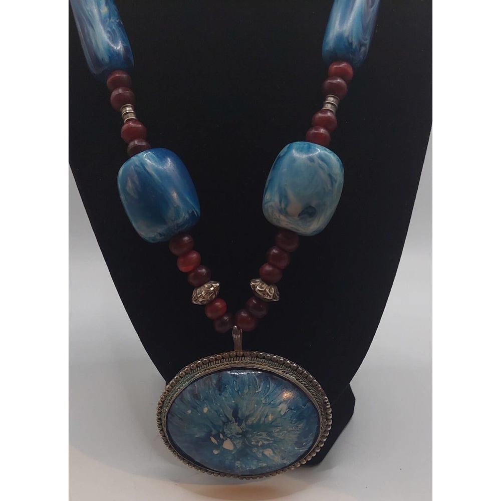 Vintage Big Turquiose Pendant Blue White W/ Red Beads 22" Necklace